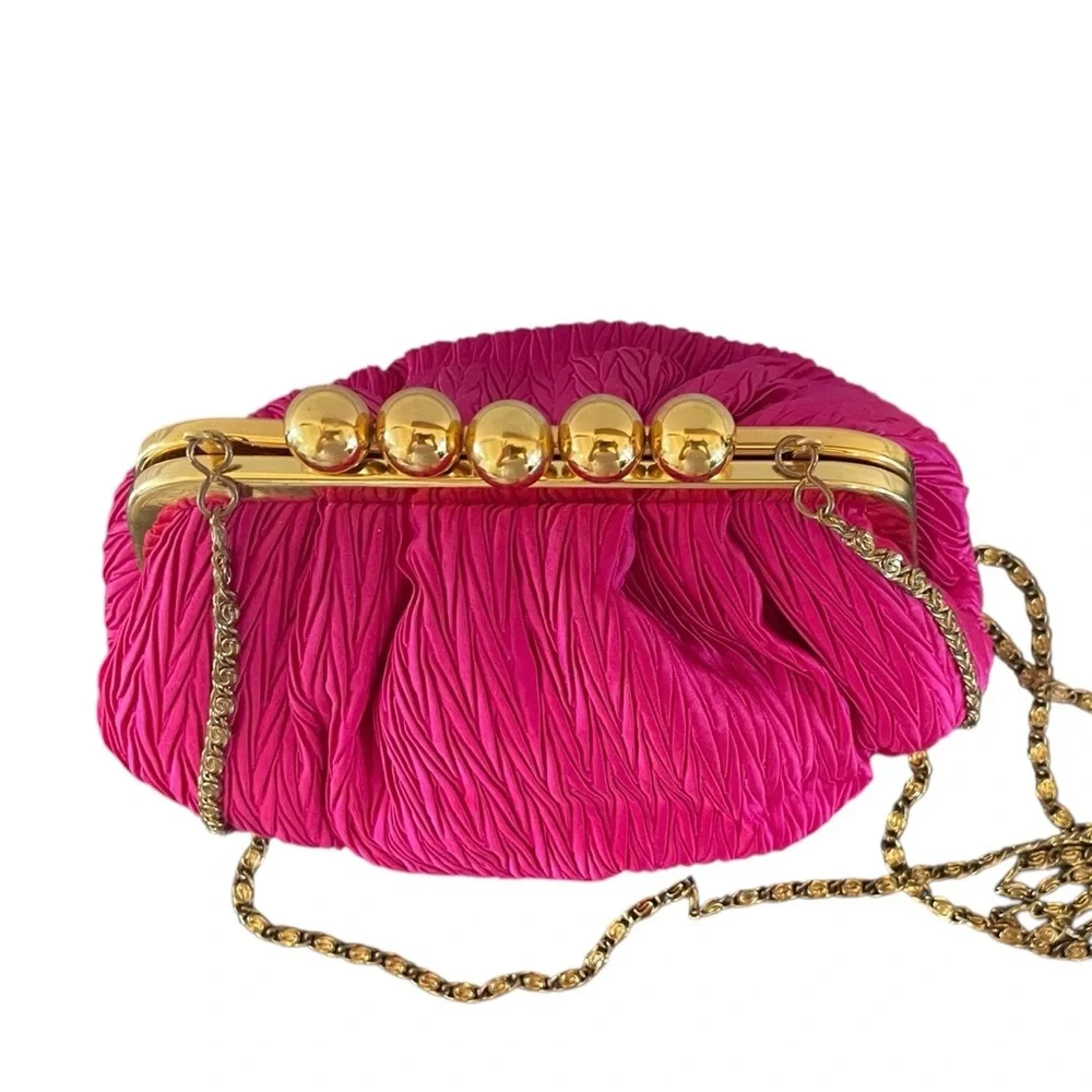 CARLA MARCHI | Pink Vintage Pleated Clutch / Evening Bag w Kisslock & Chain - Picture 5 of 13
